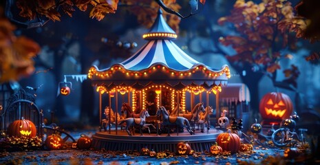 A whimsical Halloween-themed carousel surrounded by glowing pumpkins and autumn leaves, evoking a festive, spooky atmosphere.