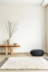 Living room interiors design composition with minimal furniture and natural window lighting.