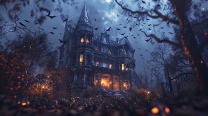 Obraz premium A hauntingly beautiful mansion under a moonlit sky surrounded by swirling bats and eerie trees, perfect for spooky atmospheres.