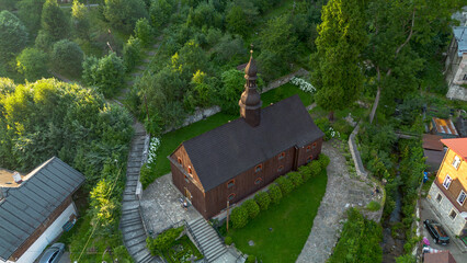 Aerial view of the wooden church in Międzygórze, Lower Silesia, Poland