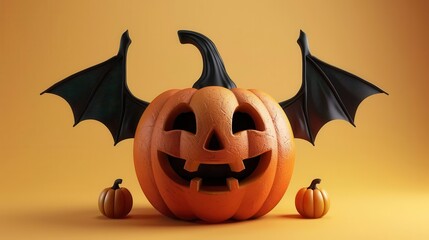 Naklejka premium A whimsical Halloween pumpkin with bat wings, perfect for festive decorations and autumn celebrations.
