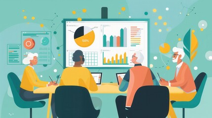 A group of elderly people actively discusses various charts and graphs displayed on digital screens during a meeting focused on data analysis. Generative AI