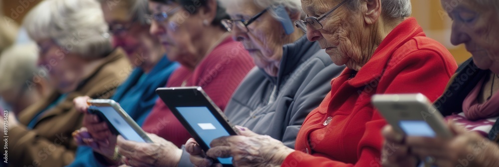 Poster a group of elderly individuals attentively using tablets, focusing on a technology workshop aimed at