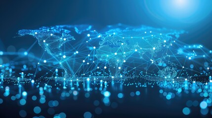 Obraz premium A digital representation of global connectivity featuring a network of data points and lines over a map of the Earth, all illuminated against a dark background