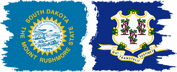 Connecticut and South Dakota states grunge brush flags connection, vector