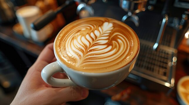 A barista preparing a latte with intricate foam art in a cozy coffee shop
