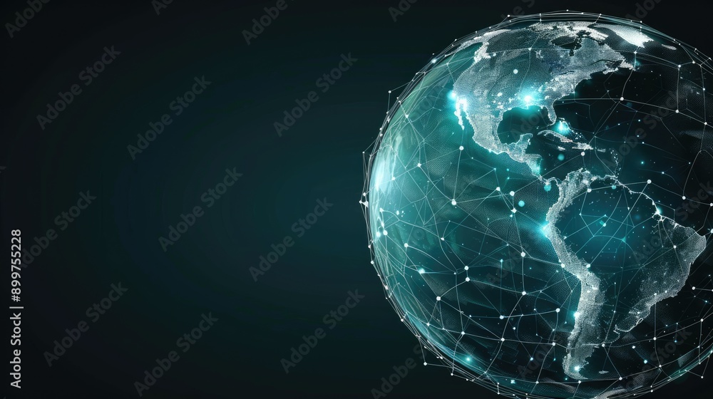 Poster a digital representation of global connectivity featuring a network of data points and lines over a 