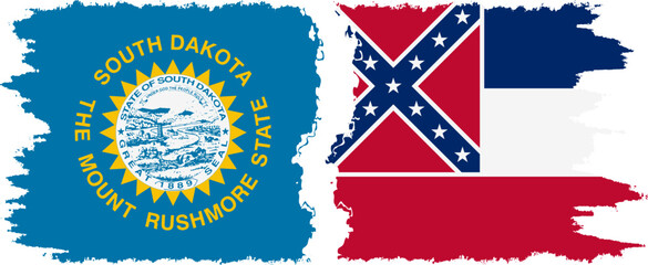 Mississippi and South Dakota states grunge brush flags connection, vector