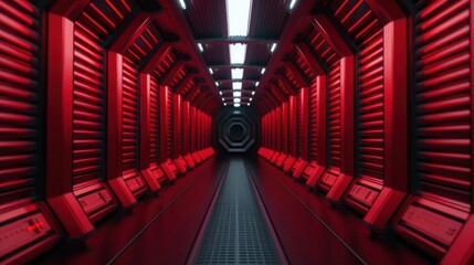 Futuristic red spaceship corridor with dramatic lighting, showcasing sci-fi design and mood, ideal for immersive virtual reality experiences.