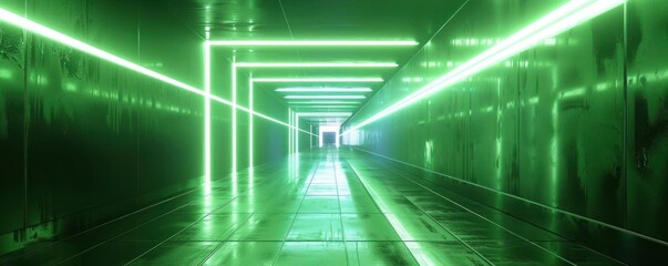 Naklejka premium A futuristic hallway illuminated by vibrant green neon lights, creating an atmospheric and surreal scene.