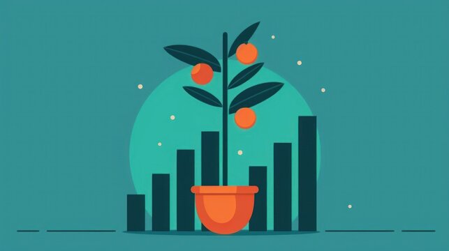 Illustration of a plant with fruits in a pot, representing business growth against a backdrop of rising chart bars on a teal background.