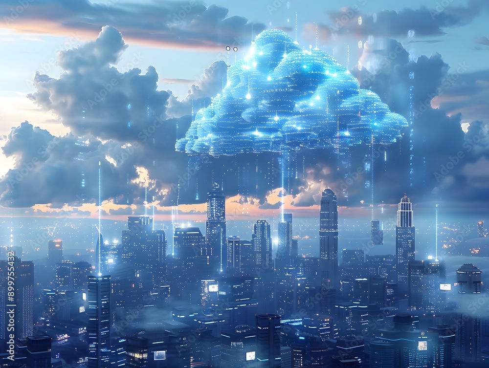 Poster Futuristic Cityscape with Hovering Digital Clouds Representing Advanced Cloud Computing Infrastructure