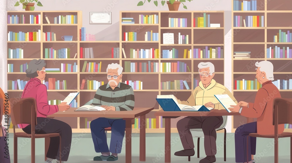 Poster a group of elderly individuals studies foreign languages using textbooks and dictionaries in a welco
