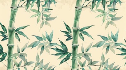 Seamless bamboo pattern with green leaves on a beige background, perfect for wallpapers, prints, and web designs.