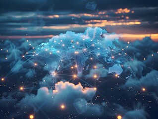 Interconnected Digital Cloud Network Visualization over Global Map Highlighting Cloud Computing Concept