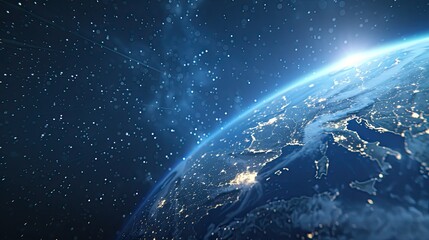 A digital representation of global connectivity featuring a network of data points and lines over a map of the Earth, all illuminated against a dark background