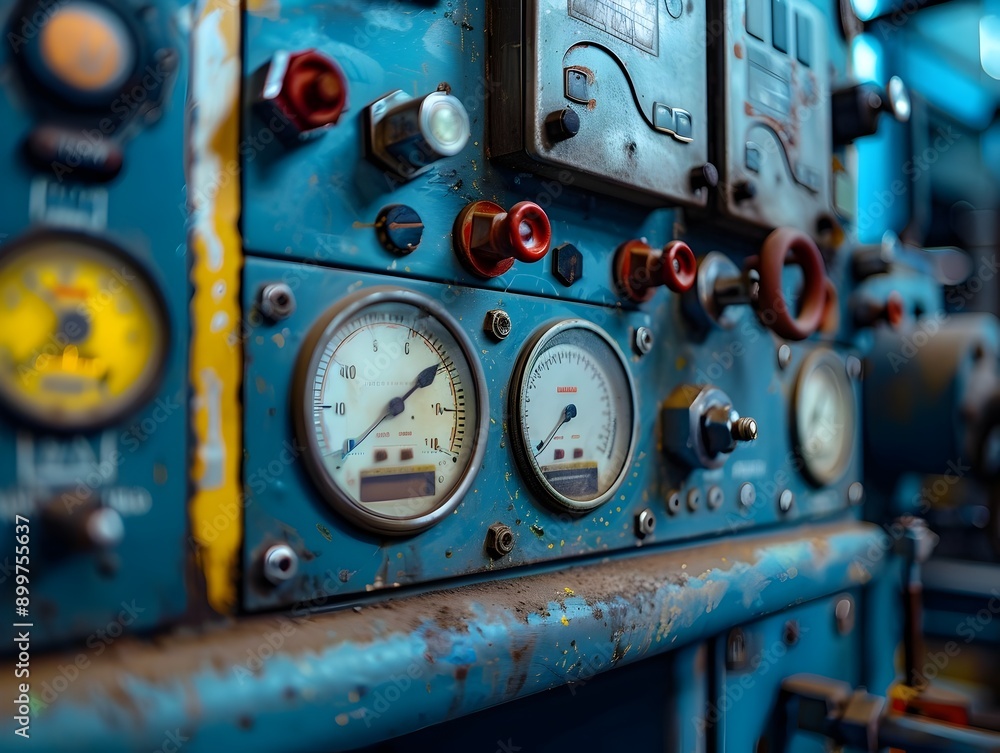 Poster close up of vintage industrial control panel with precision instruments and readouts