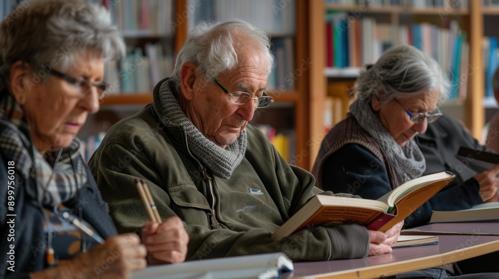 Poster a group of elderly individuals focuses on studying various foreign languages using textbooks and dic