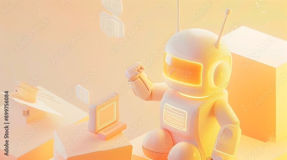 Poster futuristic yellow robot character in abstract digital environment
