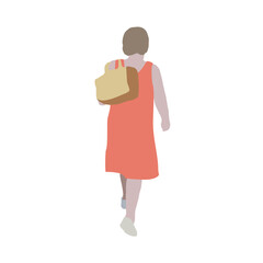 A woman walks down the street in summer clothes. 2D image to use as entourage. Flat city vector infographic.