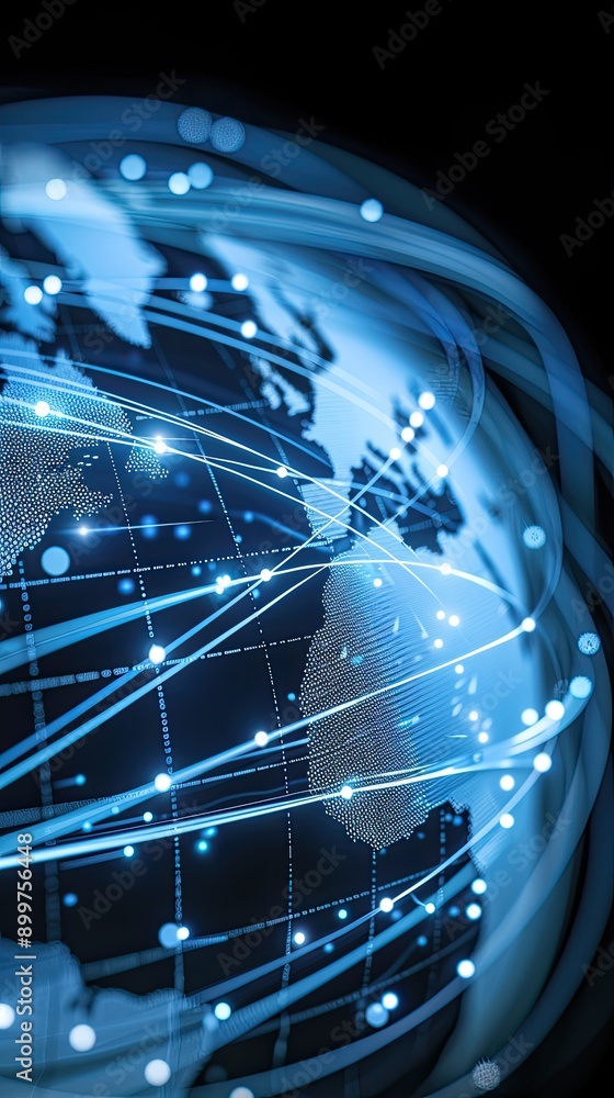 Poster a digital representation of global connectivity featuring a network of data points and lines over a 