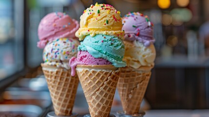 A colorful ice cream cone with multiple scoops and sprinkles