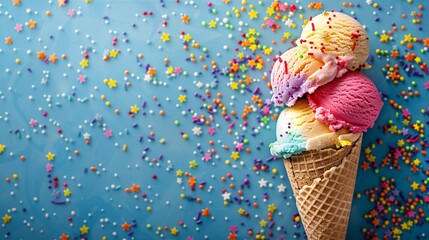 A colorful ice cream cone with multiple scoops and sprinkles