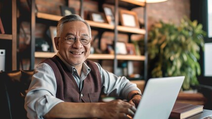 Cheerful senior man working on laptop at home office with bright smile. Mature businessman working remote from home with laptop and files.