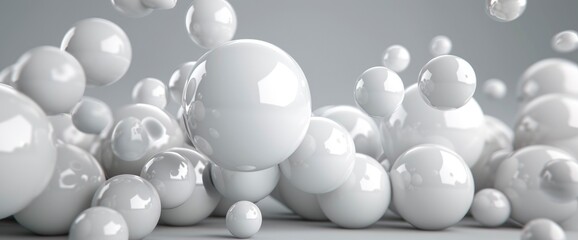 Abstract Image Of White Balls And Spheres Falling And Flying Over White Background , 3D , High Definition