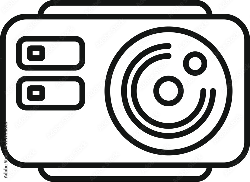Poster black and white line art of an action camera, perfect for representing content creation