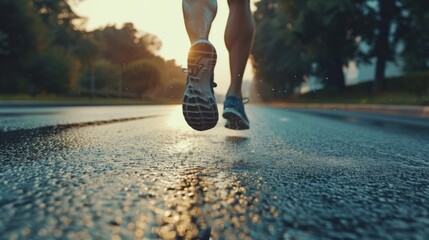 A man is running on a wet road with his feet in the air