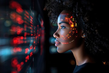 A young woman with in front of a big monitor in the middle of a modern server room.