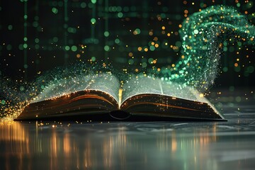 Open magic book with glowing pages.