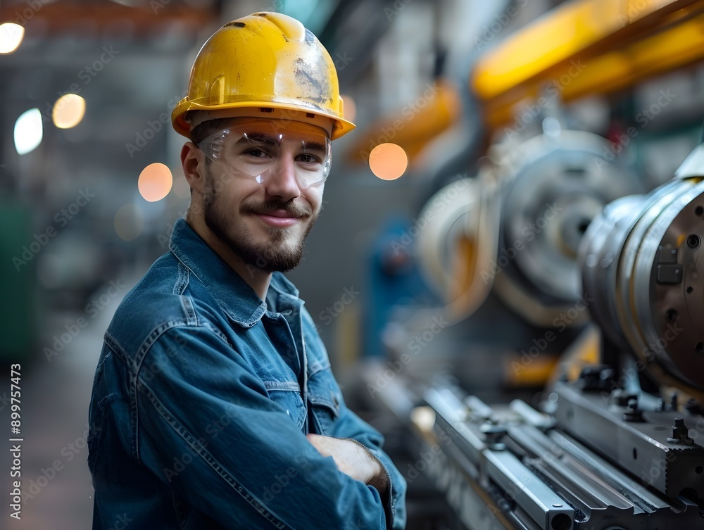 Poster industrial worker setting up cnc machine for production run in factory