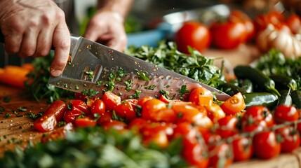A close-up of a chef's knife slicing through fresh vegetables