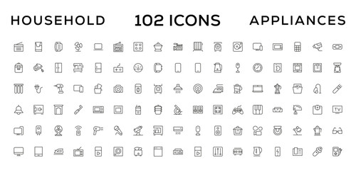 Home appliances and Household items simple line icon set. Editable stroke. icons for website. home symbols, furniture, kitchenware, Home appliances and electronics icons