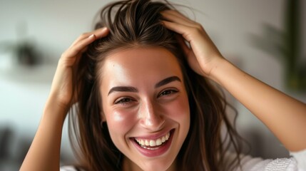 Fototapeta premium A young woman joyfully holding her hair, beaming with a wide smile. The bright indoor setting adds to her cheerful and energetic vibe, creating a lively and positive atmosphere.