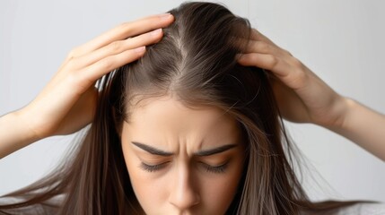 Fototapeta premium Detailed close-up image of a young woman parting her hair and examining her scalp, indicating concern about hair health or hair loss. The expression on her face conveys worry and introspection.