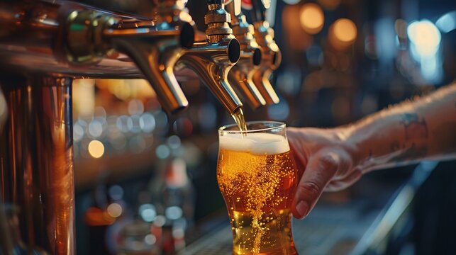 A bartender pouring a draft beer into a glass
