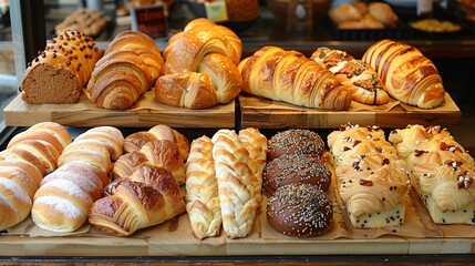 A bakery display case filled with an assortment of fresh pastries and breads
