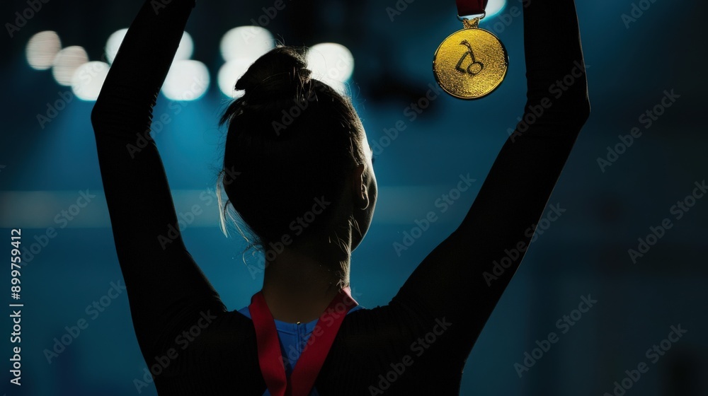 Wall mural silhouette of an athlete proudly holding a gold medal against a backdrop of soft lighting, symbolizi