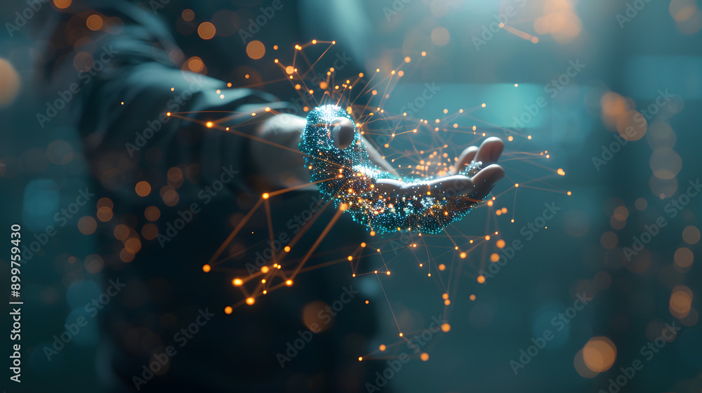 Poster a futuristic hand interacts with a digital network of glowing points and lines, symbolizing advanced