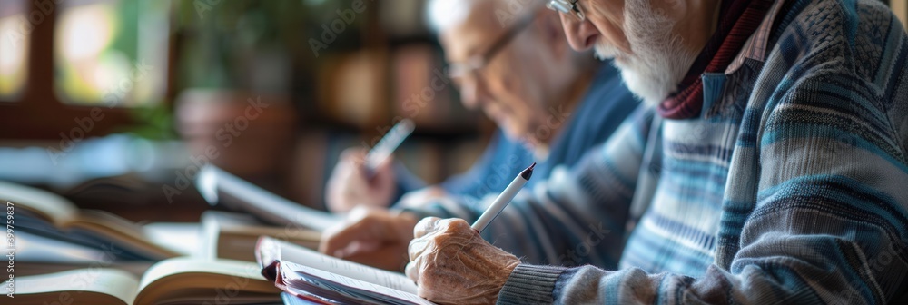 Aufkleber Two elderly people focus intently on studying foreign languages using textbooks and dictionaries in a warm, inviting study space. Generative AI