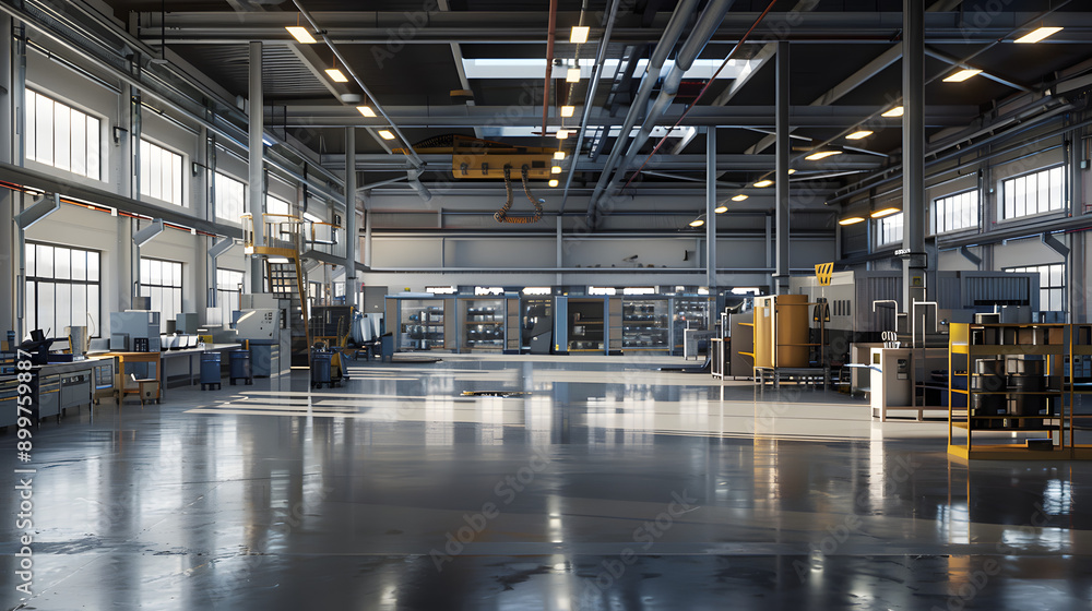 Poster a spacious industrial workshop equipped with various machines and tools, designed for large-scale ma