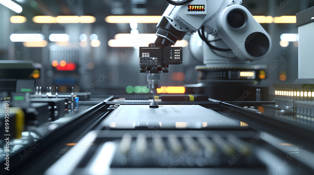 Poster a modern automated factory in china featuring robotic arms and assembly lines, emphasizing advanced 