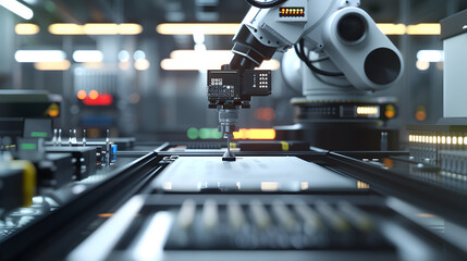 Obraz premium A modern automated factory in China featuring robotic arms and assembly lines, emphasizing advanced manufacturing technology.