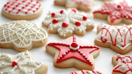 A delightful assortment of Christmas sugar cookies, intricately decorated with red and white icing in festive designs.