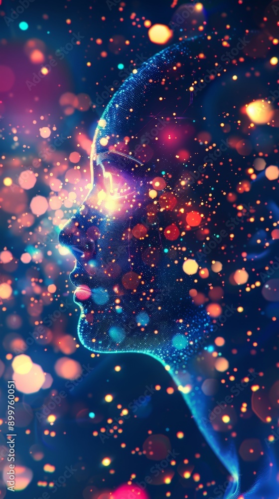 Poster silhouette of a human face with glowing dots and network lines. concept of ai and technology.