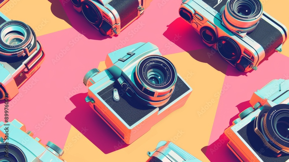 Poster multiple retro cameras arranged on a vibrant geometric background, showcasing a playful and artistic
