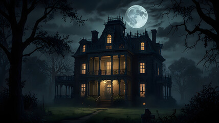 Halloween haunted house dark moonlit night full moon creepy silhouette cartoon vintage illustration ghosts bats eerie fence festival holiday festive celebration backdrop background painting art